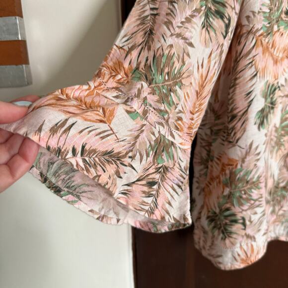 J.JILL | Pink and Green Tropical Print Linen Bell Sleeve Flounce Shirt Large - Picture 4 of 8